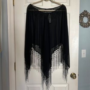NWT Black Sheer Embellished Fringe Beaded Poncho
